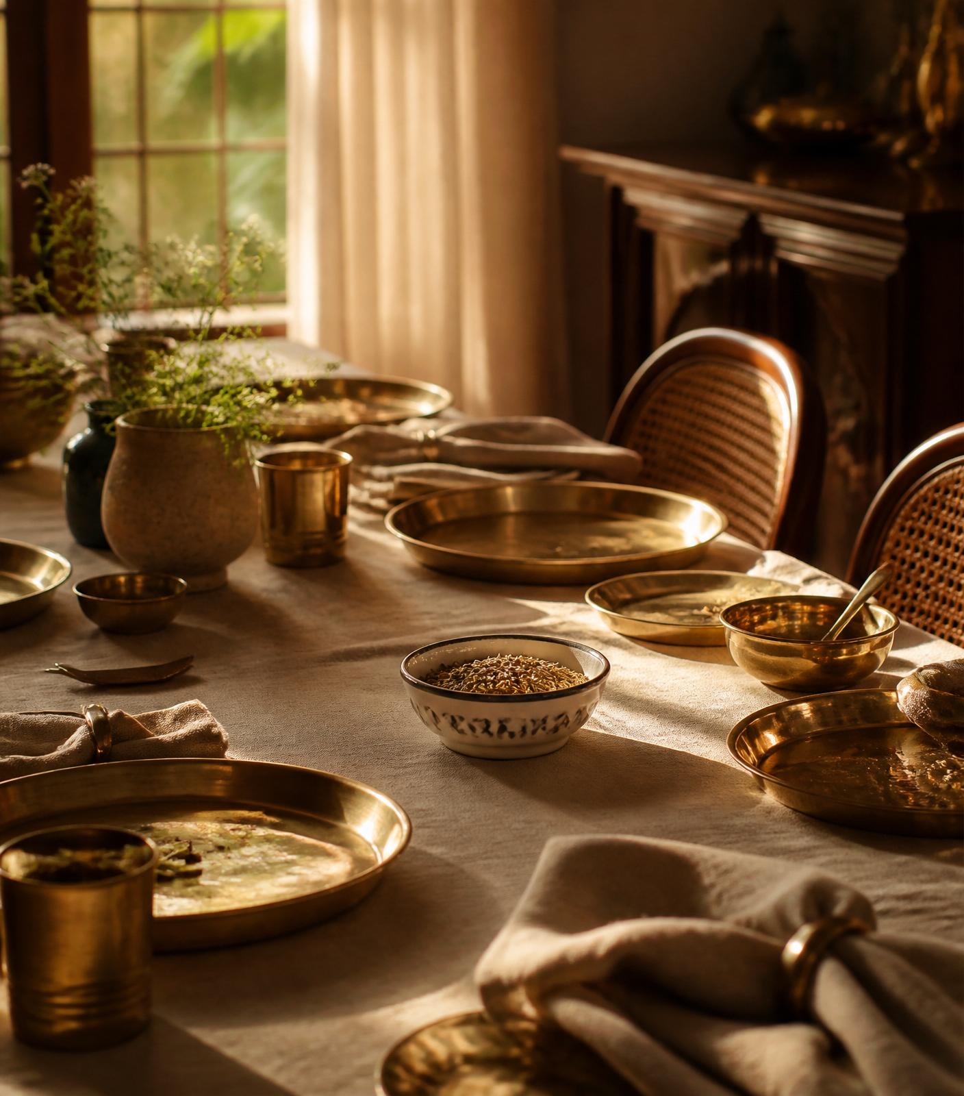An elegant Indian dining table after dinner, bathed in warm evening light