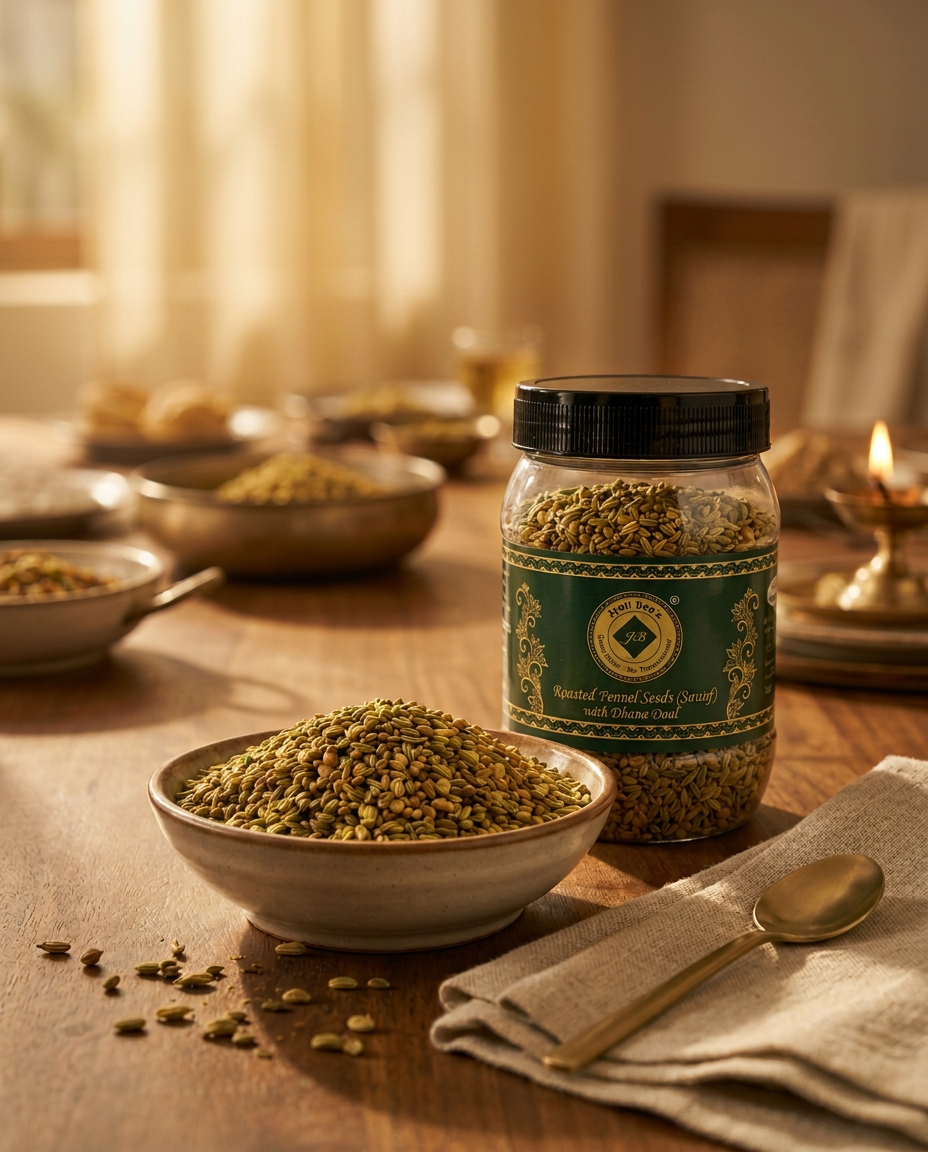 Jyoti Ben's roasted saunf mukhwas jar beside a ceramic bowl of loose fennel seeds on a warm wooden dining table