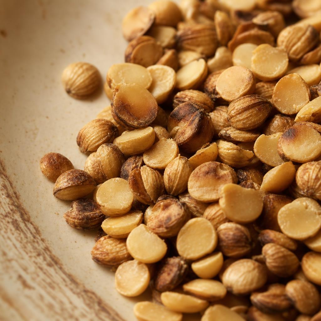 Macro photograph of roasted dhana dal coriander seeds